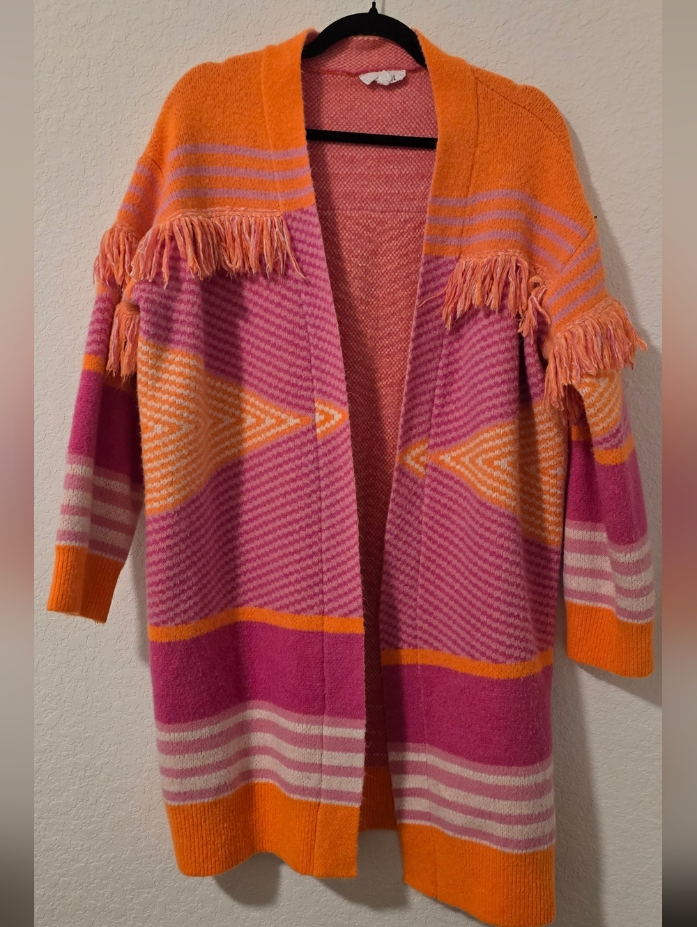 THML Pink and Orange Fringe Open-Front Oversized Cardigan